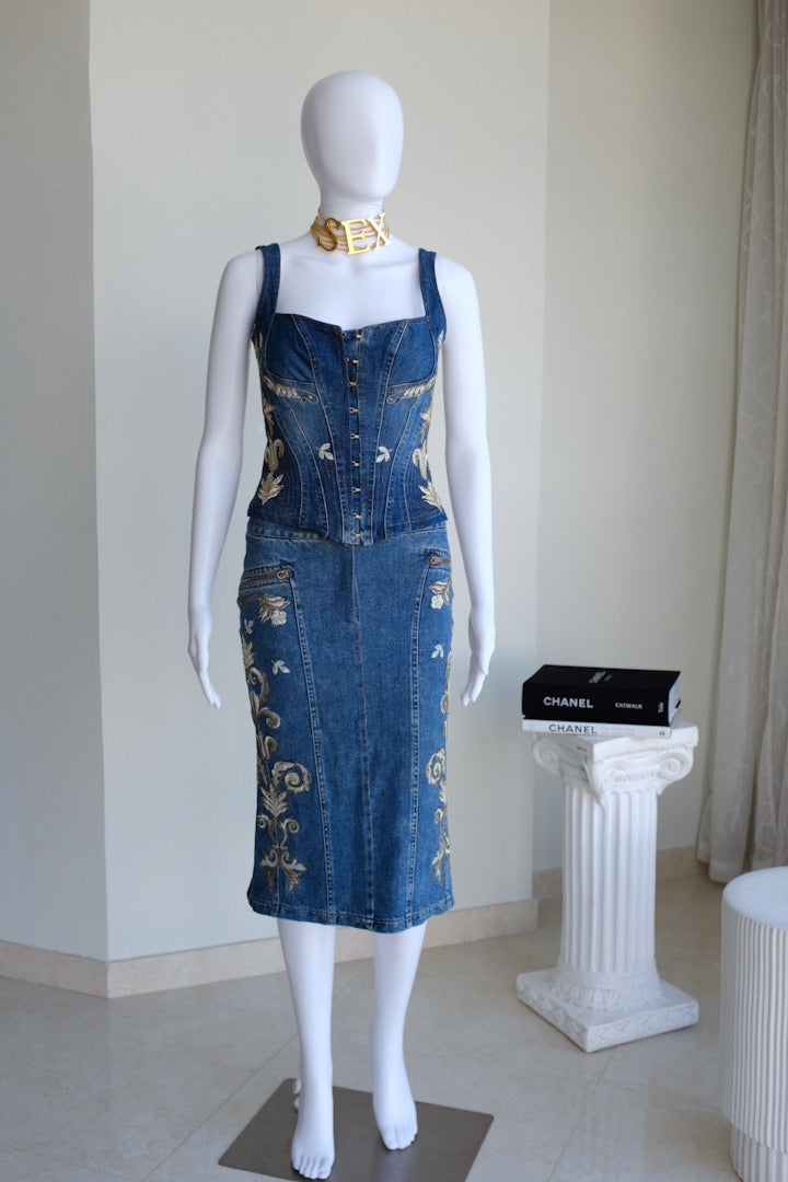 Roberto Cavalli Jean Brocade Corset and Skirt Set