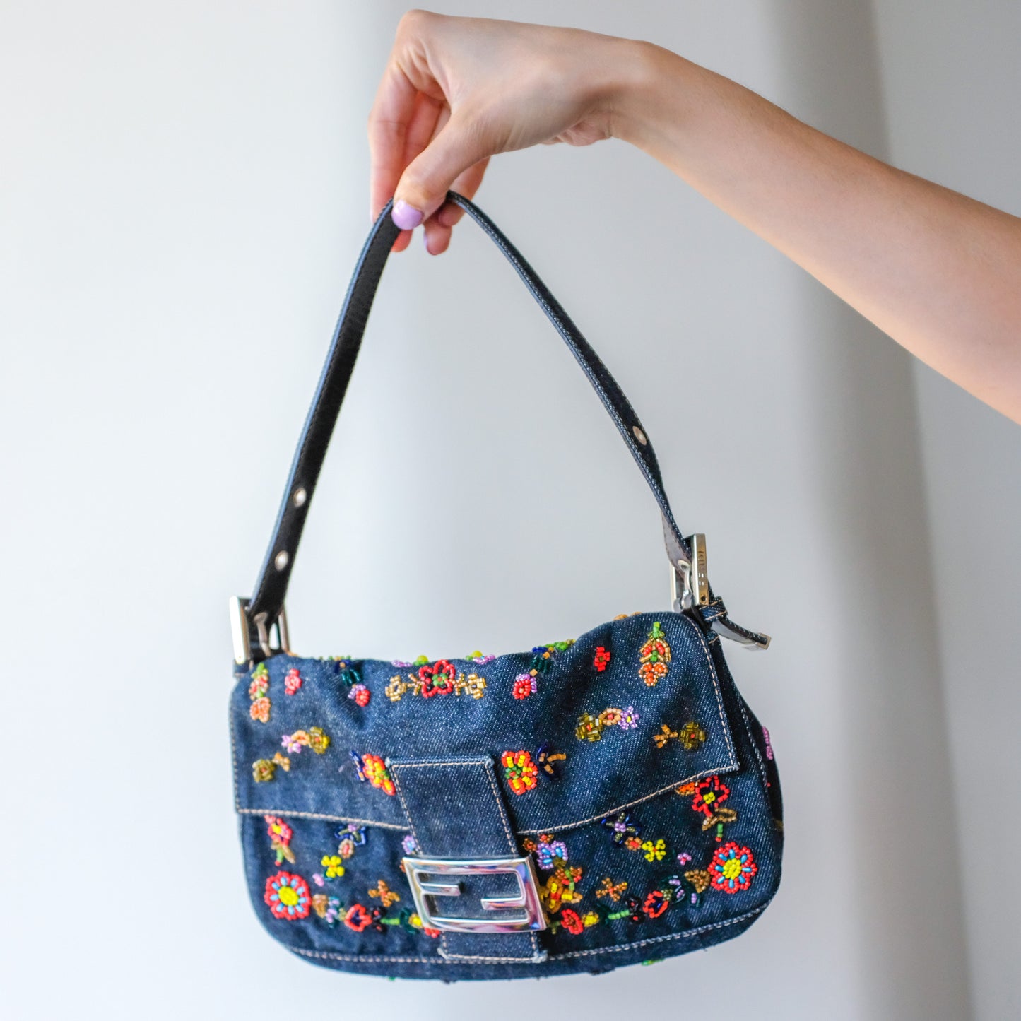 Fendi Denim Beaded Baguette Bag