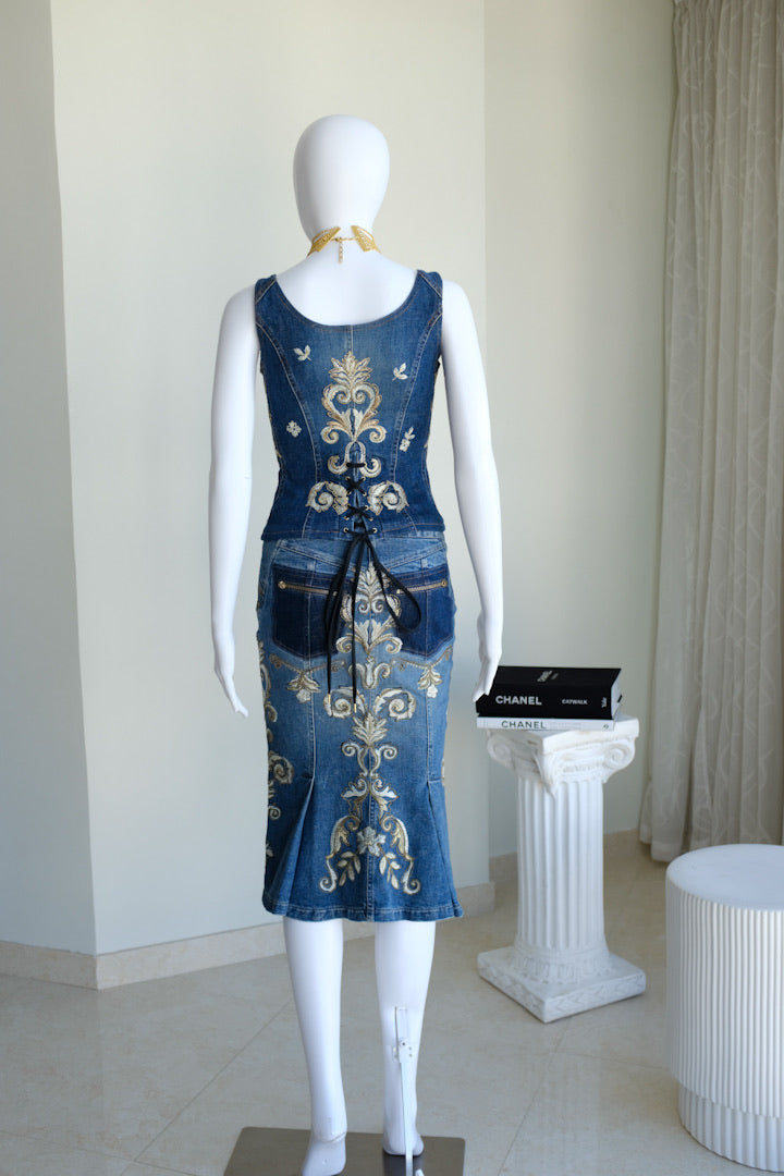 Roberto Cavalli Jean Brocade Corset and Skirt Set
