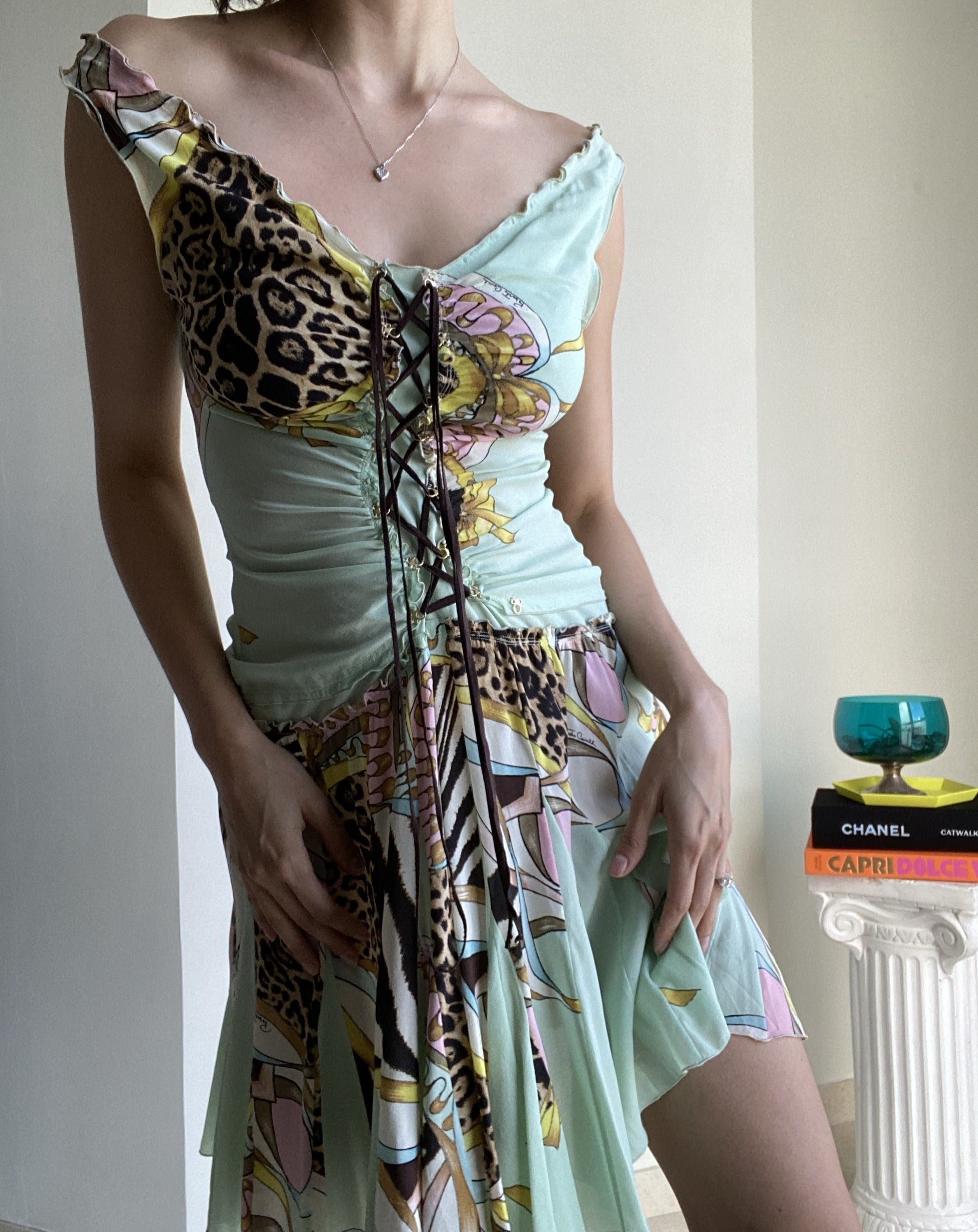 Roberto Cavalli Silk Animal Print Gold Accents Dress