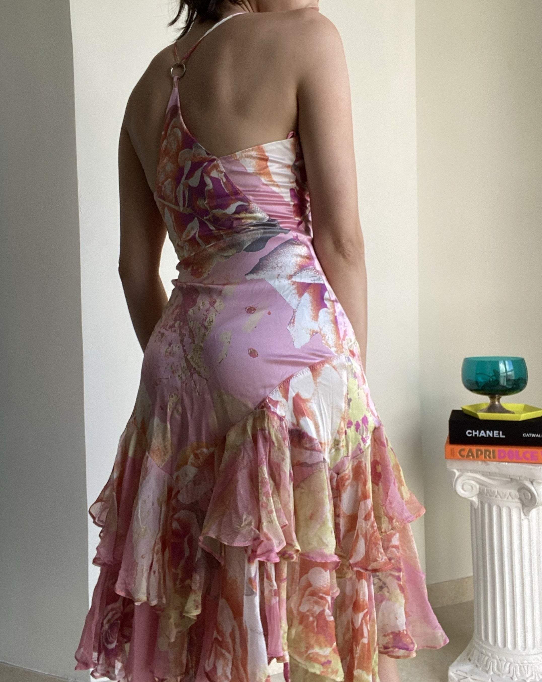 Hand Painted Roberto Cavalli for Just Cavalli Ruffled Silk Dress
