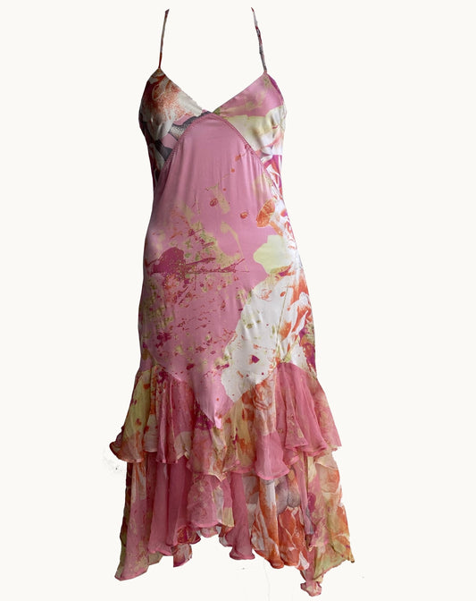 Hand Painted Roberto Cavalli for Just Cavalli Ruffled Silk Dress