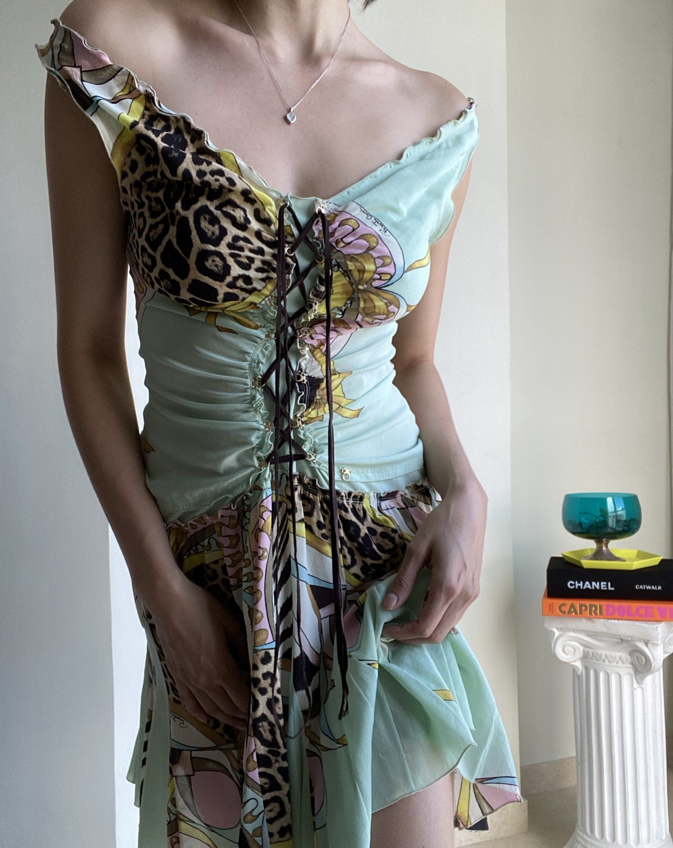 Roberto Cavalli Silk Animal Print Gold Accents Dress